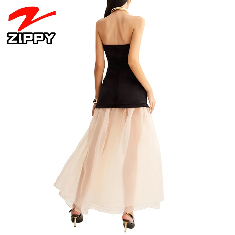 Customization European French-style Strapless Patchwork Silk Skirt Sexy Light Evening Gown Unique Mature Elegant Dress