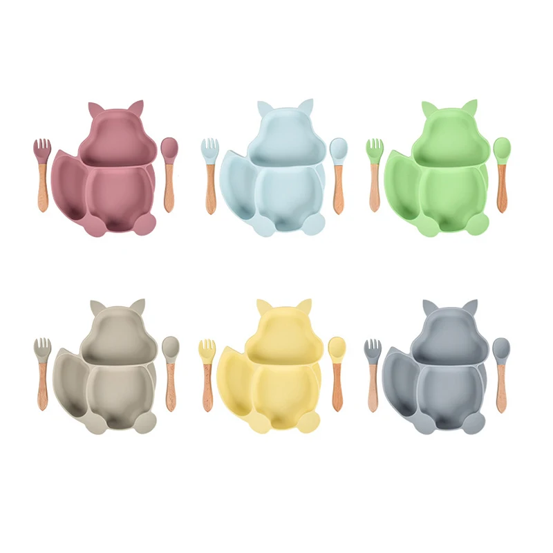Animal Shape Strong Suction Silicone Plate Spoon Fork Bib Set Feeding Bib Baby Silicone Tableware