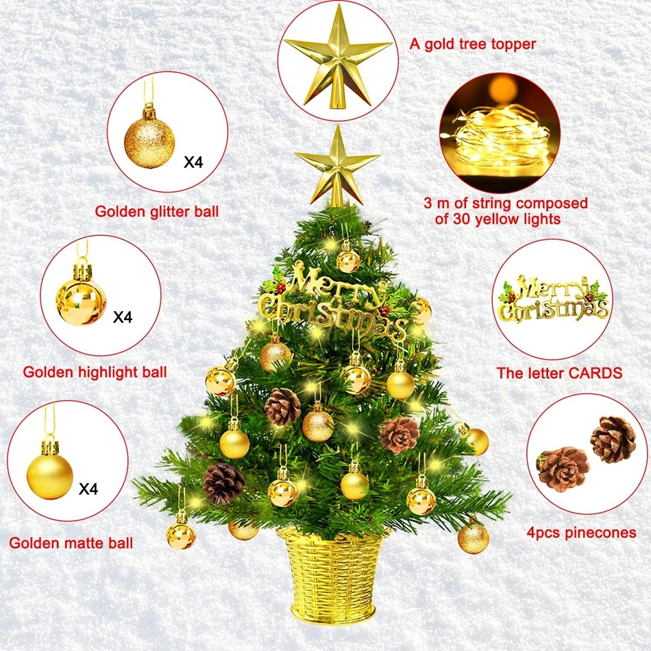 20 Inch Artificial Tabletop Tree 50 CM LED Small Decorated Christmas Trees with Gold Basket