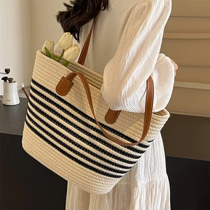 Factory handmade straw woven handbag large capacity cotton woven shoulder cotton rope  women travel beach handbag shoulder bag
