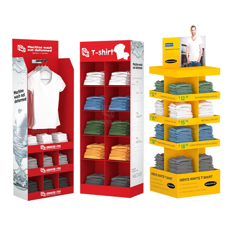 Custom Retail Cardboard Display Rack for T-Shirt Branded Clothes Floor Display Shelf Clothing Corrugated Cardboard Display Stand
