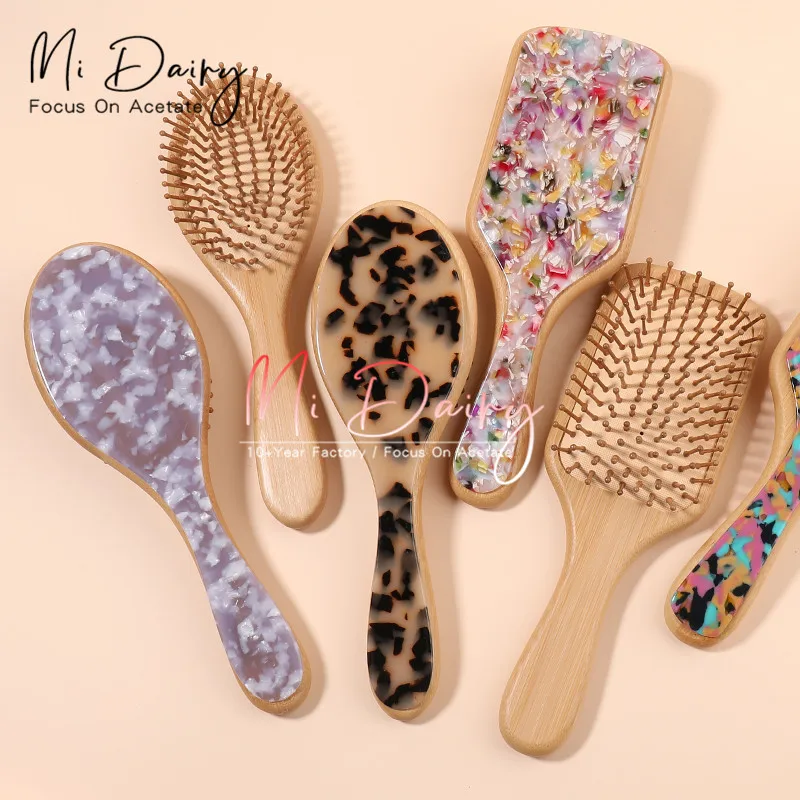MiDairy CUSTOM LOGO Hair Brush and Comb Natural Bamboo Air Bag Wooden Acetate Accessories Hairbrush Soft Goat Bristles Custom
