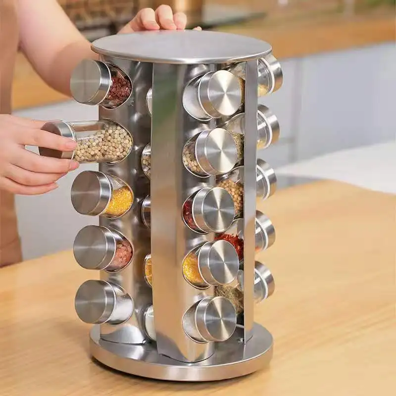 Kitchen Storage Rack-Standing Type Single-Tier Metal SS Rotate Spice Rack with Multiple Uses Fruit Vegetable Plate Coat Holder