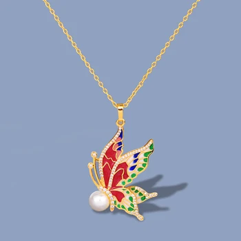 New Handmade Enamel KYNL0420 Epoxy Butterfly Pendant Inlaid Pearl Necklace Handmade Enamel Jewelry