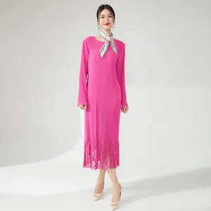 Factory Outlet High Quality Women's Pleated Dress With Tassel Long Sleeve Fabric Weaving Solid Color Printed Casual Style Dress