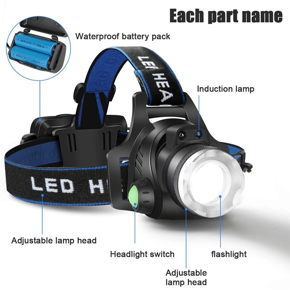 USB Rechargeable Sensor Head Torch Light Waterproof LED Headlamp Headlight 