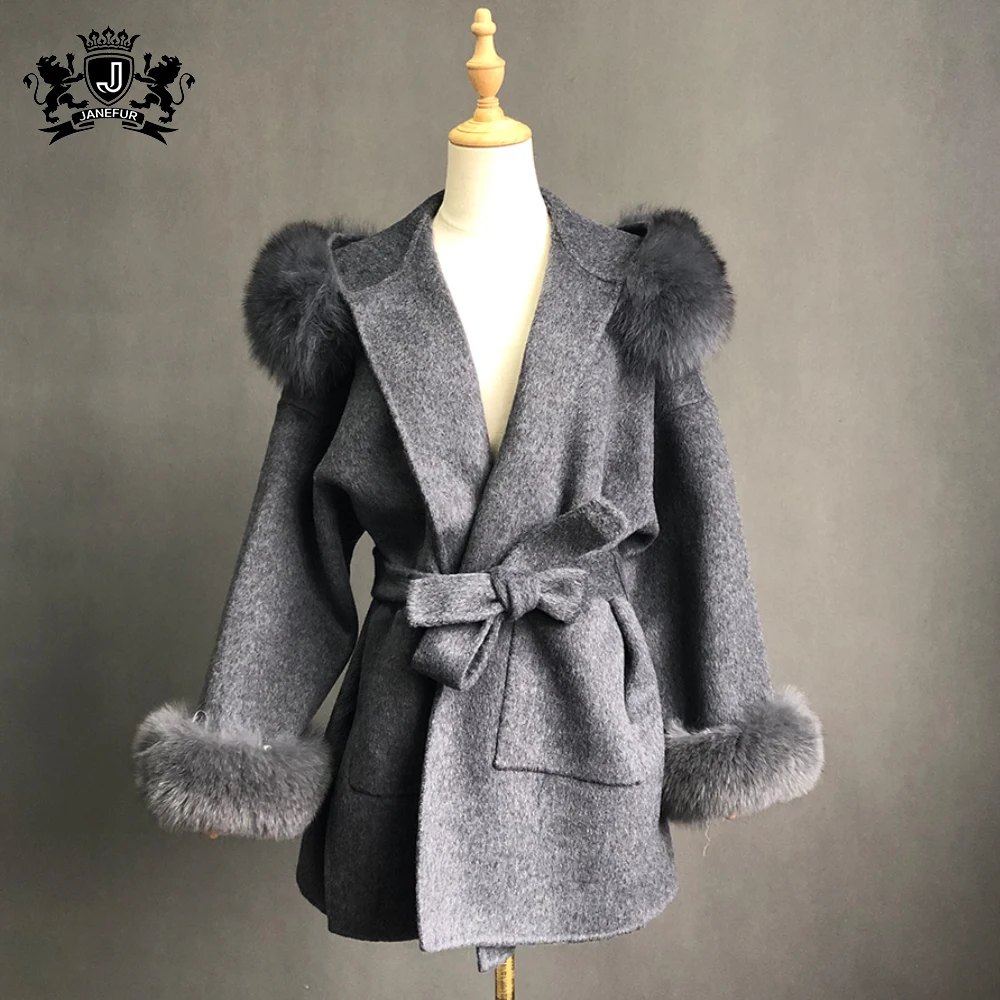 Janefur Ladies Angora Cashmere Coat Jacket with Fox Fur Hood