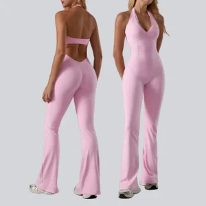 Custom Logo One Piece Ladies Activewear GYM Fitness Sport Yoga Jumpsuit Flares Pants Female Women Jumpsuit Playsuits Bodysuit