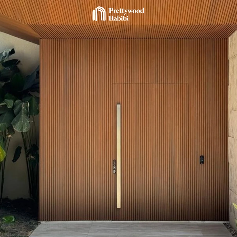 Luxurious Extreme Large Size Prime Front Entry Door With Wall Cladding Panel Solid Wooden Exterior Modern Slats Design For House details