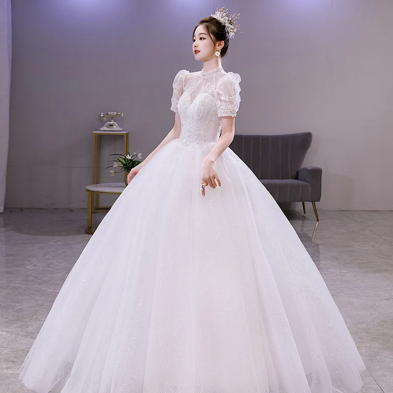 S0245x Puff Sleeve Light Wedding Dress Dreamy Bride Female Simple Super Fairy Forest Style Gown For Small Size