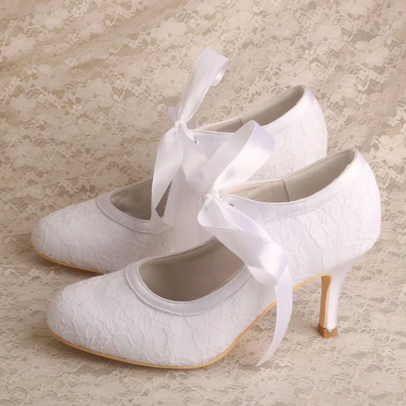 White Mary Jane Wedding Shoes Laced Heels for Spring/summer