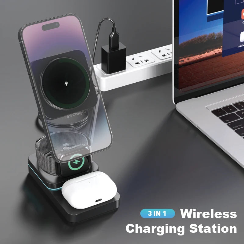 Trending 15W 3-in-1 Magnetic Folding for Qi Wireless Charging Station Mobile Phone Charger Holder for Headphone Watch