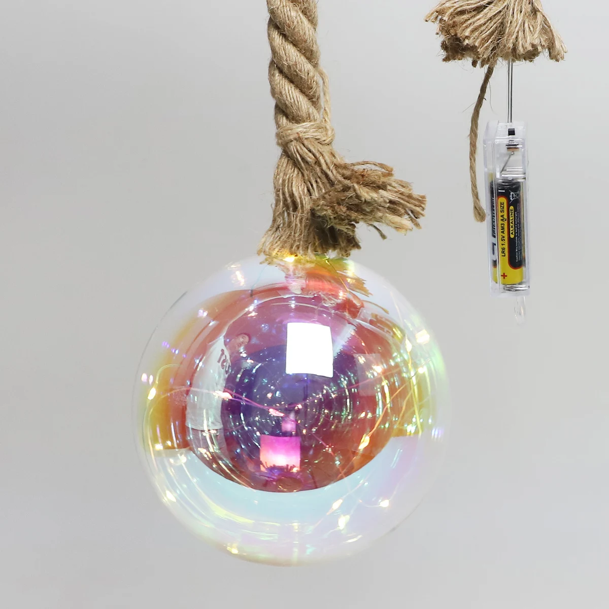 150 mm Clear Iridescent Christmas Glass Bauble On Rope LED Light Up Hanging Ball Xmas Decoration for sale factory