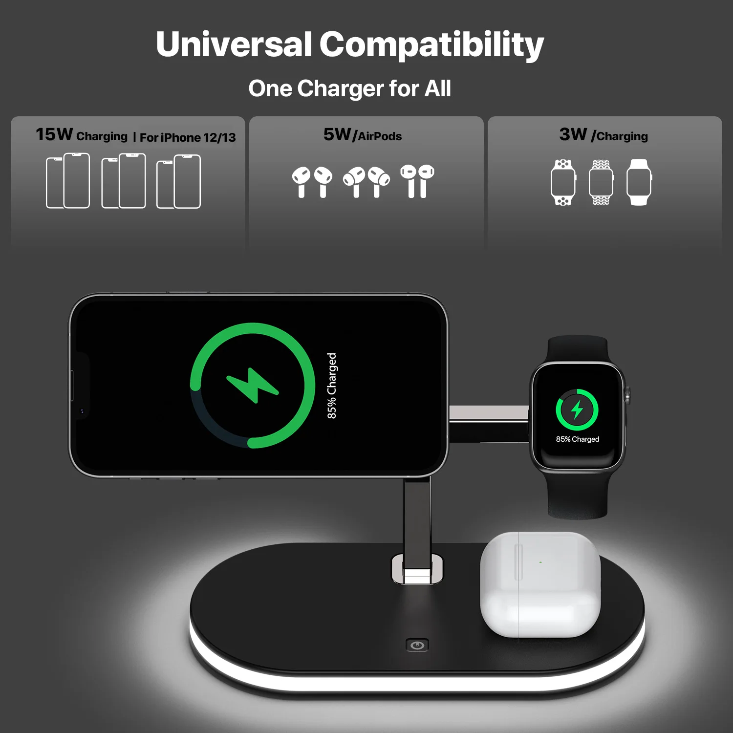 Wireless charging stand charging mobile phone watch earphone charger base quick charging 15W 5W 3W