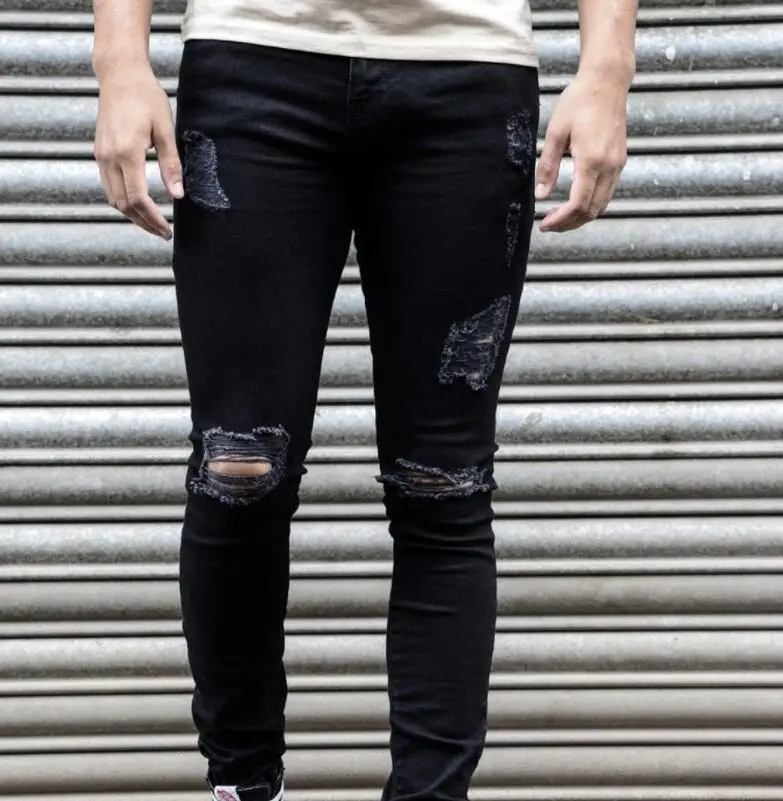 Light blue Hole Pants Jeans Men's Jeans Skinny Slim Ripped Distressed Pleated Knee Hole Denim Pants Plus Size Jeans For Men