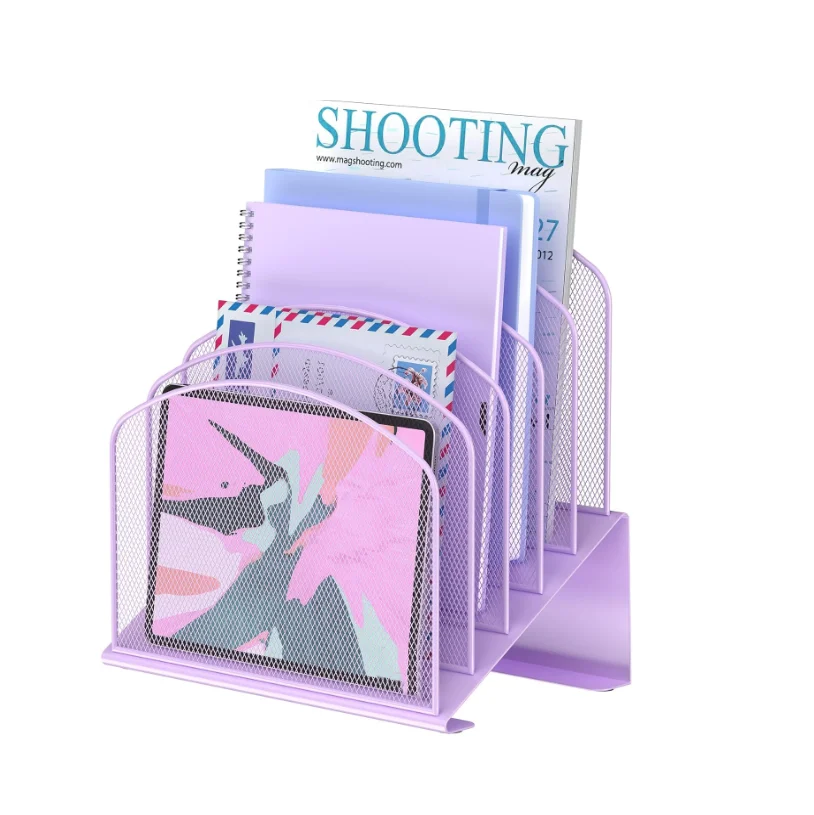 Inclined Desk File Organizer 5-Section Vertical File Folder Holder Stand Metal File Sorter for Office Classroom Organization