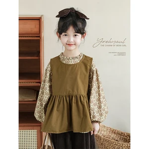 Bigger Children Girl's Parent-child Slevless Dress Spring Autumn Retro Style Skirt Large Size Pullover Vest Top