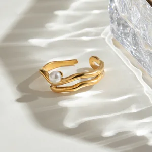 MW Women's Stylish and Dainty 18K Gold-Plated Stainless Steel Pearl Open Ring - Waterproof & Adjustable Jewelry