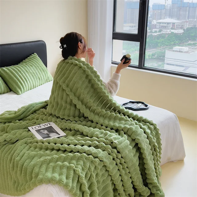 Short velvet rabbit hair thickened light luxury blanket office nap sofa blanket coral flannel