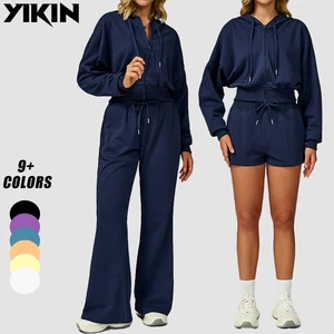 High Quality Sport Outfit Zipper Cropped Sweatshirt Top and Wide Leg Pants Set Women Lounge Wear Vintage Lady Tracksuits