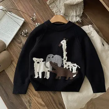 2025 Autumn and Winter New Animal Baby Tops Party Cartoon Design Boys Girls Versatile Crew Neck Single Button Pullover Sweater