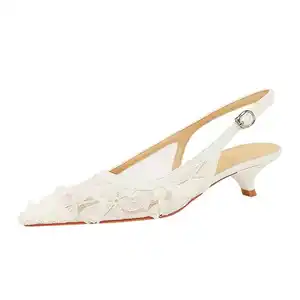 Women's Summer Outdoor Stiletto Flats Pointed European American Sexy Lace Mesh One-Line Buckle Straps Toe-Cut Open Height