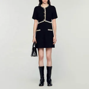 Clothing Manufacturer Custom Spring Summer Black Crew Neck Short Sleeve Elegant Casual Women Tweed Dress