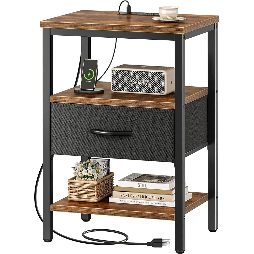 Modern 3-Tier Storage End Table Adjustable Fabric Drawer Nightstand Charging Station for Bedroom Home Use manufacture