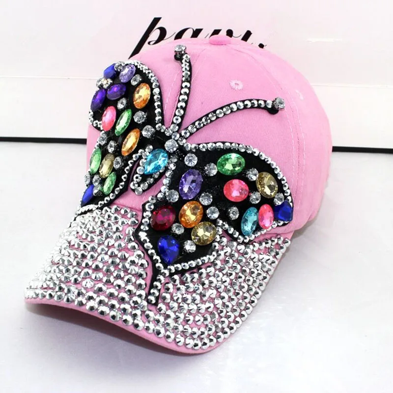 Full Crystal Colorful Big Butterfly Baseball Cap Denim Bling Rhinestone Cap