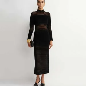 New Arrivals Elegant New Organza Patchwork Sexy Long-sleeved Black Knit Dress for Daily