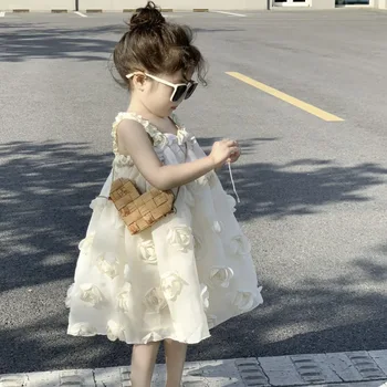 2024 Summer Children's wear new product Girl's sweet tridimensional flower suspender dress Princess dress gown