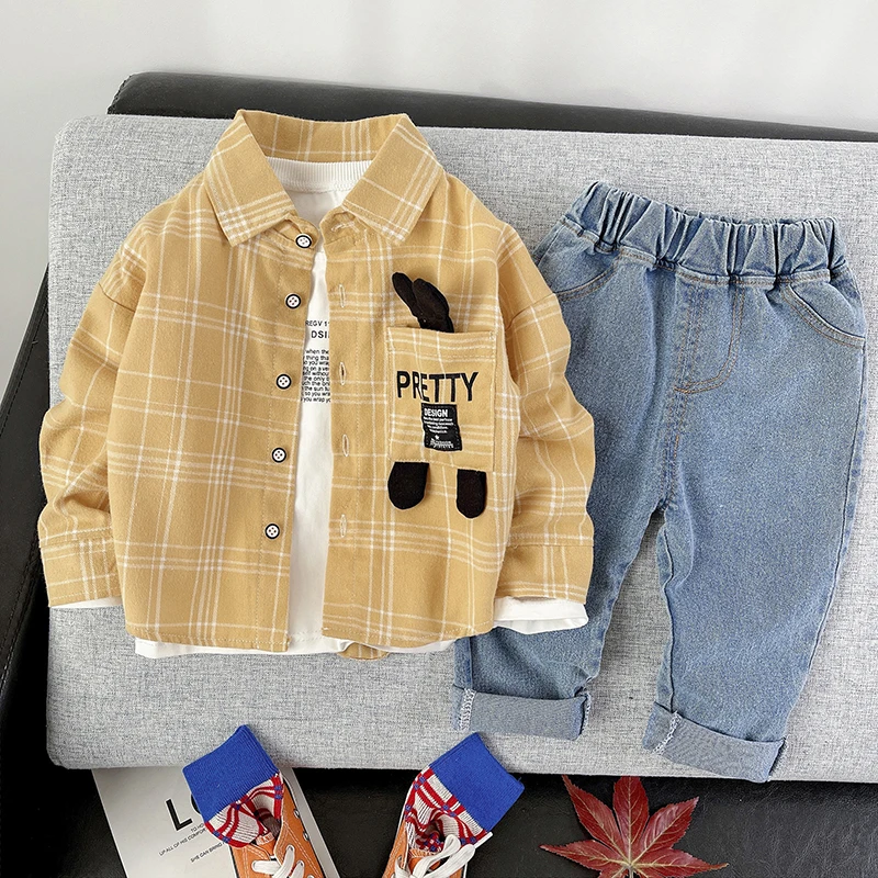 2022 New Year Grid Strip Patchwork Long Sleeve Button Down Shirt and  Casual Sports Jeans Pants Fashion Casual Kid Boy Clothes