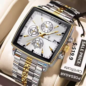 POEDAGAR Top Fashion Men's Luxury Sport Wristwatch Square Stainless Steel Chronograph Quartz Calendar Luminous Waterproof