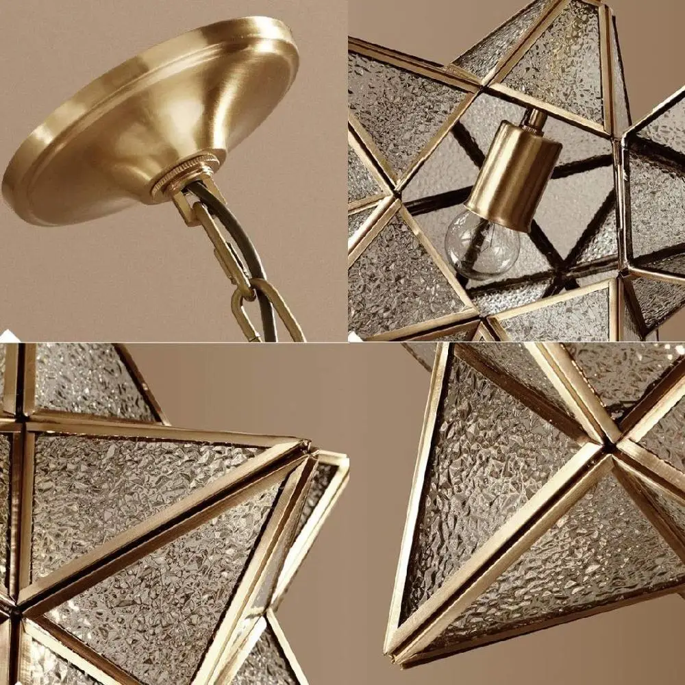 황동 빈티지 샹들리에 램프 러스틱 인더스트리얼 모라비아 스타 펜던트 라이트 텍스처드 리플 글라스 커버