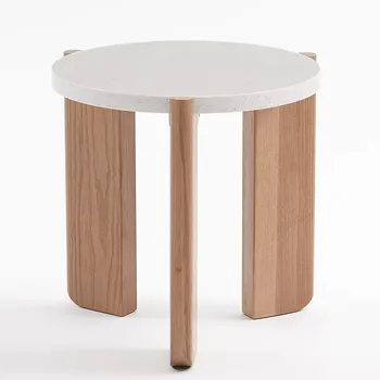 Unique Modern Leisure White Ash Solid Wood Legs Nesting Round Coffee Table with Finish Quartz Stone Table Top For Living Room
