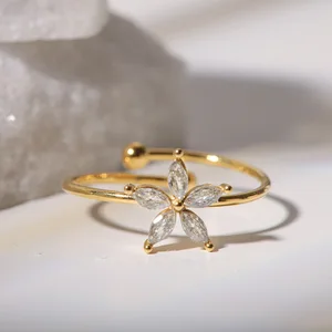 Ilona Trendy 18k Gold Stainless Steel Five-Petaled Flower White Zircon Minimalist Jewelry Ring for Women