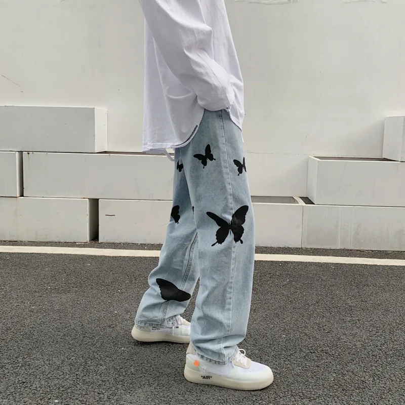 Butterfly Print High Waist Straight Washed Light Blue Denim Pants Jeans for Women Stylish
