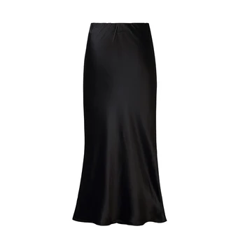 Wholesale women black pencil skirts silk satin boutique manufacturers elastic waistband long skirt