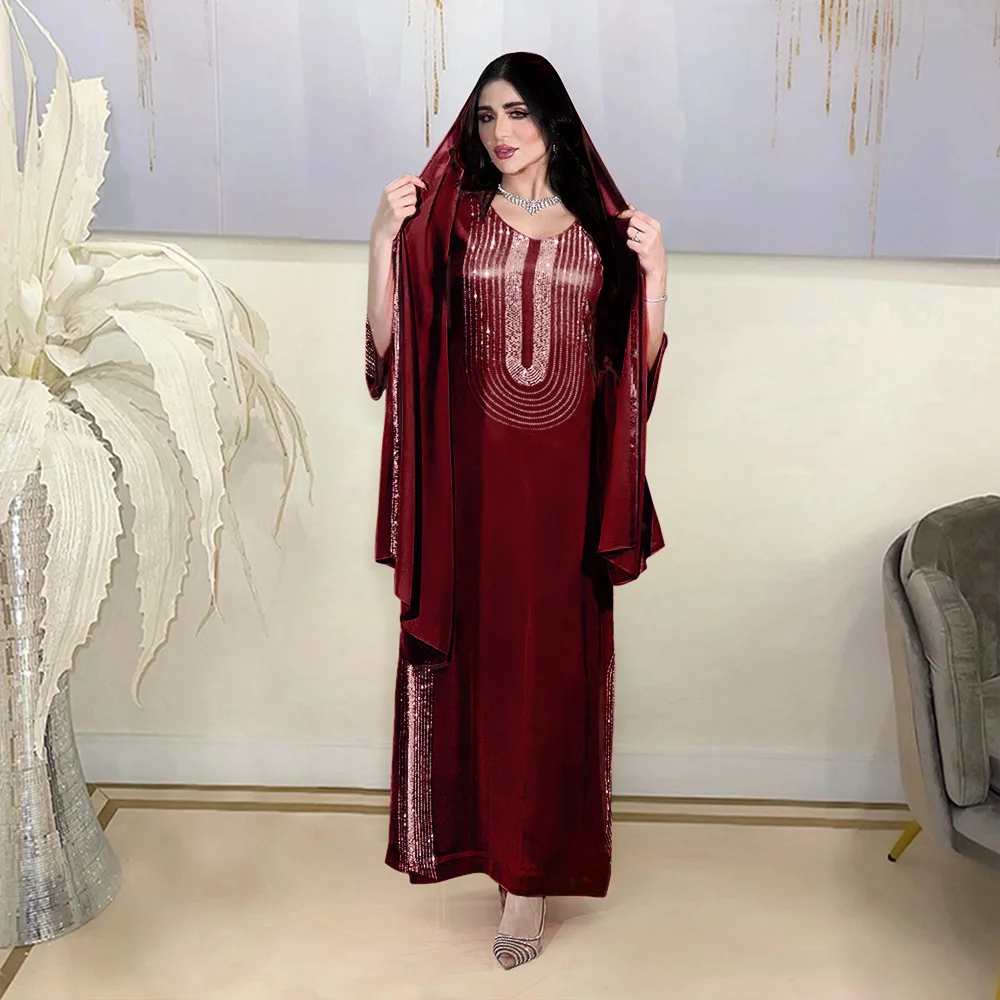 Women Shiny Rhinestone Maxi Dress V-neck Long Flare Sleeve Chiffon Dress  Mid East Muslim Lady Luxury Chiffon Dress