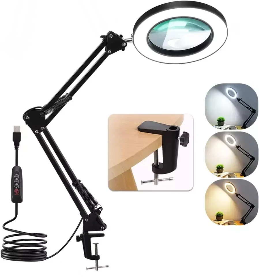2in1 Real Glass 8x Magnifying Desk Lamp With Usb Light Stand 3 Color