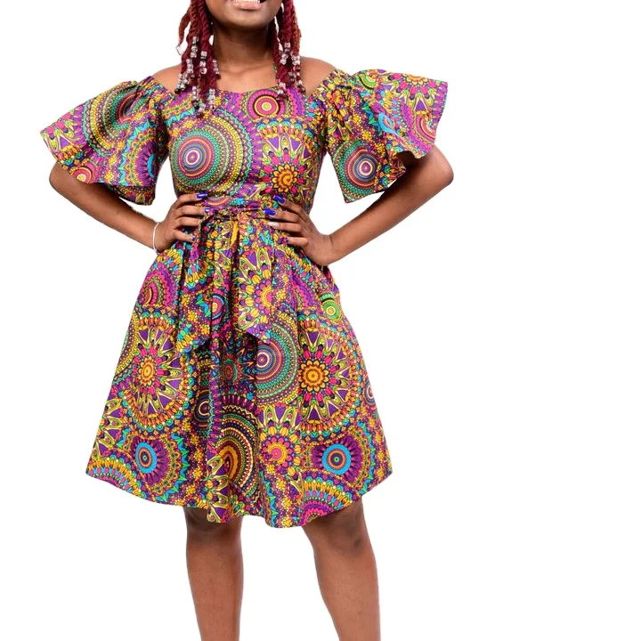 African Ethnic Midi Dresses Off Shoulder Ankara Clothing Puff Sleeve  African Print Dress for Women Cotton Summer OEM Service ZY