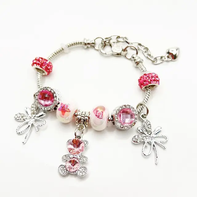 High quality silver plated crystal pink bear flower charm bracelet large hole beads pendant adjustable bracelet for women