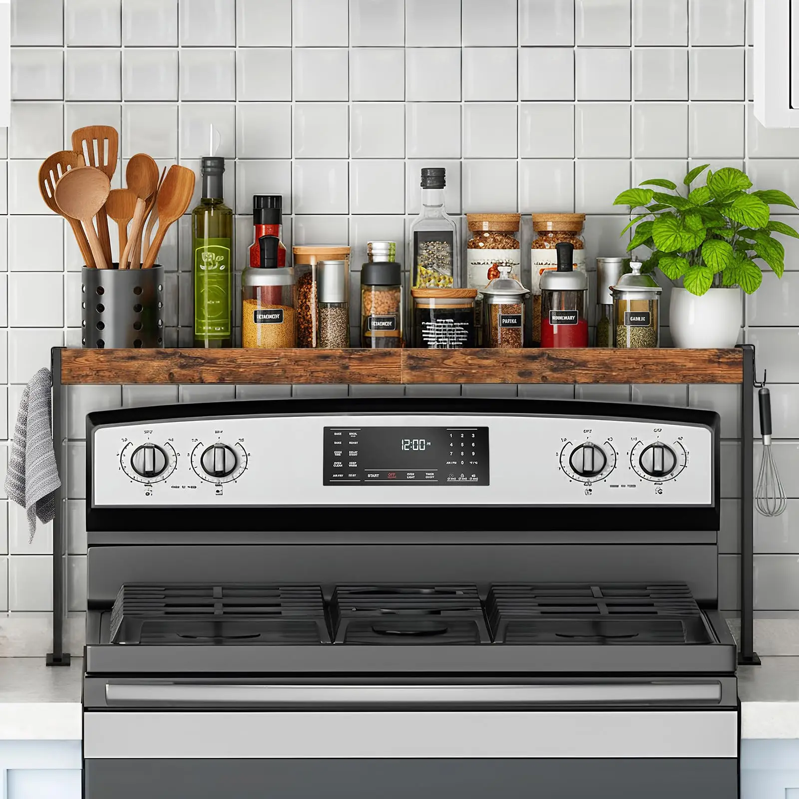 Adjustable Height Over Stove Top Shelf Rustic Wood Kitchen Spice Rack Organizer with Hooks Kitchen Storage Rack
