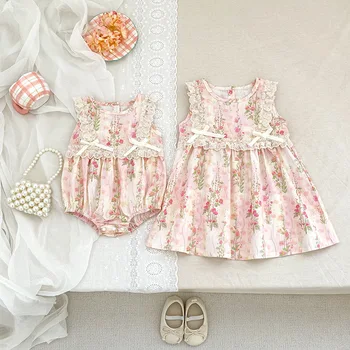 2025 Summer Sweet Floral Baby Sleeveless Dresses for Girls Pure Cotton Infant Toddler Baby Romper Sister Outfits
