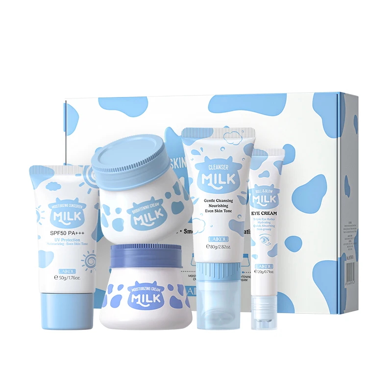 Moisturizing Reduce Fine Lines Brighten Skin Tone Face Care Toner Cream Cleanser Serum 5-PCS LAIKOU MILK SKINCARE SET