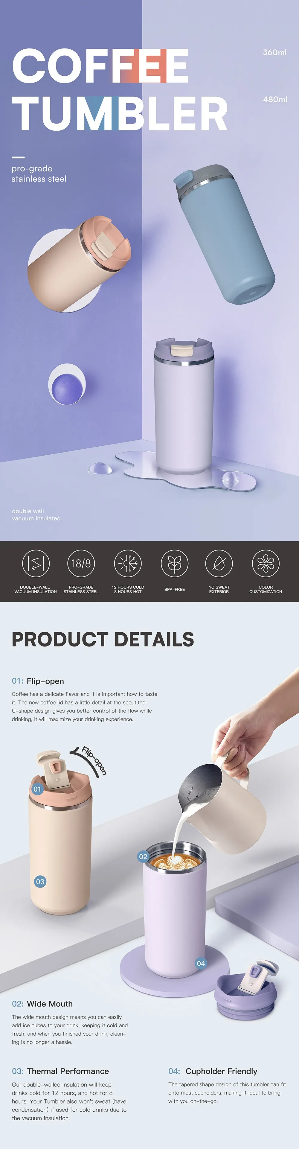 FX Factory 360ml 480ml Double Walled Insulated Tumbler BPA Free Flask ...