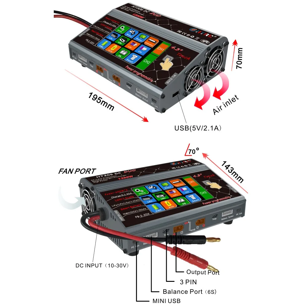 HTRC HT306 Dual Port Battery Charger - 600W, 30A, LCD Touch