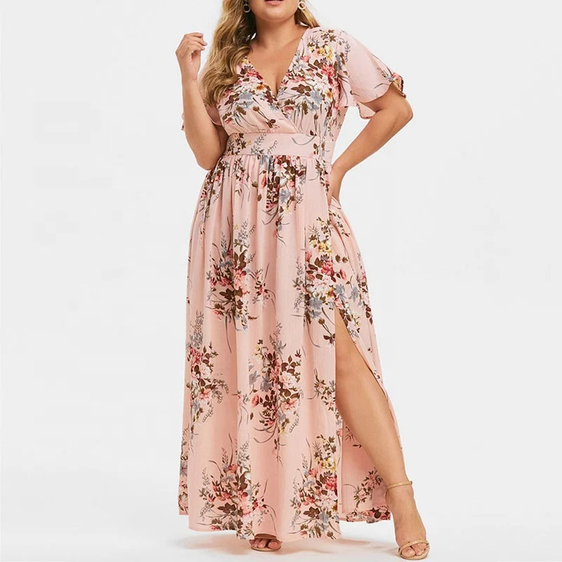 Plus Size Womens Floral Dresses Empire Waist Top Beach Sundress  Asymmetrical High Low Skirt Bohemian Attire Hawaiian Maxi Dress