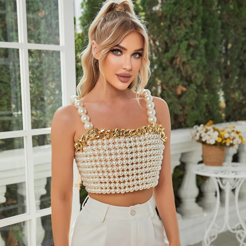 Women Sexy Pearls Beaded Cami Top Sleeveless Sling Pearl Bralette