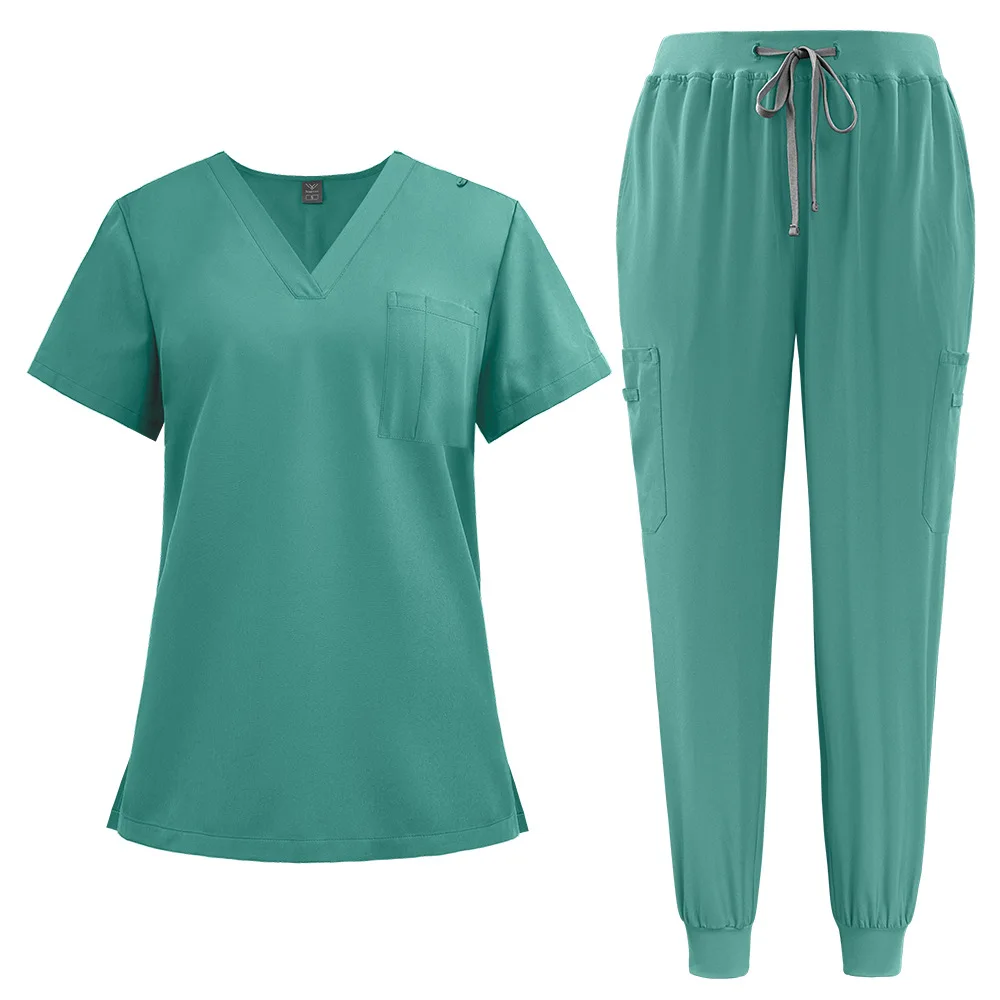 Hospital Uniforms Short Sleeves Nurse Scrubs Sets V-neck Nursing Uniforms Top & Pants with Multi Pocket Summer